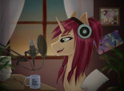 Size: 2964x2170 | Tagged: safe, artist:alicetriestodraw, oc, pony, unicorn, bronies corner, high res, microphone, reading, slice of life