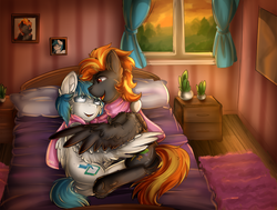 Size: 2000x1514 | Tagged: safe, artist:deraniel, oc, oc only, oc:digidash, oc:ricy, oc:short circuit, pegasus, pony, bed, cuddling, gay, hug, male, pictures, room, sunset, tongue out, window, winghug