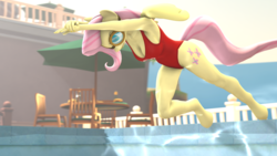 Size: 1920x1080 | Tagged: safe, artist:joshypep, derpibooru exclusive, fluttershy, anthro, unguligrade anthro, g4, 3d, armpits, breasts, busty fluttershy, cleavage, clothes, female, goggles, lifeguard, lifeguard fluttershy, nexgen, one-piece swimsuit, solo, source filmmaker, swimming pool, swimsuit
