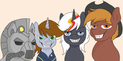 Size: 2002x1000 | Tagged: safe, artist:jellymaggot, oc, oc:calamity, oc:littlepip, oc:steelhooves, oc:velvet remedy, earth pony, pegasus, pony, unicorn, fallout equestria, armor, clothes, cowboy hat, dashite, fanfic, fanfic art, female, grin, hat, horn, jumpsuit, male, mare, me and the boys, meme, power armor, simple background, smiling, stallion, steel ranger, vault suit