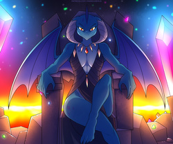 Size: 3000x2500 | Tagged: safe, artist:marik azemus34, princess ember, dragon, anthro, g4, absolute cleavage, barefoot, breasts, busty princess ember, claws, cleavage, clothes, dragon lord ember, dragoness, feet, female, gemstones, high res, jewelry, lava, looking at you, necklace, no mouth, queen, serious, serious face, solo, spread wings, stupid sexy princess ember, throne, wings