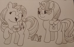 Size: 2797x1787 | Tagged: safe, artist:iffoundreturntorarity, rarity, starlight glimmer, pony, g4, atg 2019, duo, newbie artist training grounds, saddle bag, traditional art