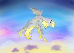 Size: 900x647 | Tagged: safe, artist:kira-minami, derpy hooves, pegasus, pony, g4, female, flying, mare, signature, sky, solo, sunset