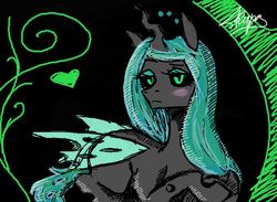 Size: 900x660 | Tagged: safe, artist:kira-minami, queen chrysalis, changeling, changeling queen, g4, blush sticker, blushing, female, heart, lidded eyes, looking at you, lying down, sad, signature, solo