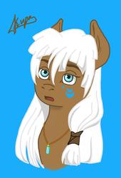 Size: 1280x1883 | Tagged: safe, artist:kira-minami, earth pony, pony, atlantis: the lost empire, blue background, bust, face paint, female, jewelry, kida nedakh, mare, necklace, ponified, portrait, signature, simple background, solo