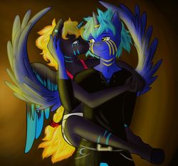 Size: 900x844 | Tagged: safe, artist:kira-minami, oc, oc only, alicorn, anthro, alicorn oc, anthro oc, cheek kiss, clothes, duo, face paint, female, horn, horn ring, hug, hug from behind, kissing, looking at each other, looking back, male, spread wings, wings