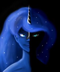 Size: 900x1064 | Tagged: safe, artist:kira-minami, nightmare moon, princess luna, human, g4, black background, bust, duality, female, humanized, looking at you, pony coloring, portrait, simple background, solo