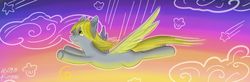 Size: 900x294 | Tagged: safe, artist:kira-minami, derpy hooves, pegasus, pony, g4, cloud, female, flying, mare, signature, solo, spread wings, sunset, wings
