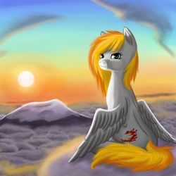 Size: 900x900 | Tagged: safe, artist:kira-minami, oc, oc only, pegasus, pony, cloud, female, looking at you, looking back, looking back at you, mare, sitting, sitting on a cloud, sky, solo, spread wings, wings