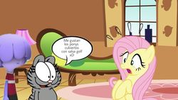 Size: 1024x576 | Tagged: safe, fluttershy, cat, pegasus, pony, g4, fluttershy's cottage, garfield, jelly jamm, nermal, ongo, op is on drugs, shocked, smiling, translated in the comments