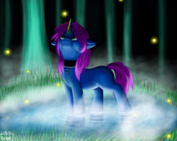 Size: 1500x1200 | Tagged: safe, artist:kira-minami, oc, oc only, firefly (insect), pony, unicorn, choker, female, looking up, mare, pond, signature, solo, star of david