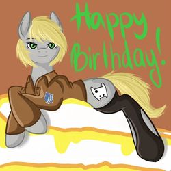 Size: 900x900 | Tagged: safe, artist:kira-minami, oc, oc only, earth pony, pony, clothes, female, happy birthday, looking at you, lying down, mare, shirt, smiling, socks, solo