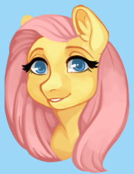 Size: 800x1035 | Tagged: safe, artist:kingbriarturtle, fluttershy, pegasus, pony, g4, blue background, bust, colored pupils, ear fluff, female, mare, simple background, smiling, solo