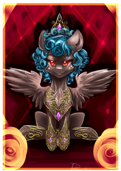 Size: 3508x4961 | Tagged: safe, artist:dankpegasista, cozy glow, pegasus, pony, g4, bad end, big crown thingy, evil smile, female, filly, gemstones, grin, jewelry, pure concentrated unfiltered evil of the utmost potency, pure unfiltered evil, queen, red eyes, regalia, royalty, smiling, solo, throne