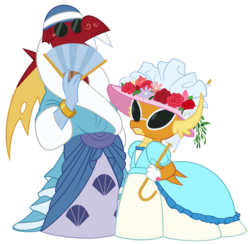 Size: 1016x991 | Tagged: safe, artist:queencold, garble, smolder, dragon, g4, bracelet, brother and sister, clothes, crossdressing, dragoness, dress, duo, fan, female, flower, gloves, hat, jewelry, male, siblings, simple background, sunglasses, transparent background, umbrella