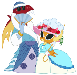 Size: 1016x991 | Tagged: safe, artist:queencold, garble, smolder, dragon, g4, bracelet, brother and sister, clothes, crossdressing, dragoness, dress, duo, fan, female, flower, gloves, hat, holes in wings, jewelry, male, puffy sleeves, siblings, simple background, sunglasses, transparent background, umbrella