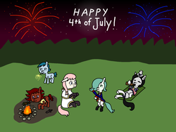 Size: 4048x3036 | Tagged: safe, oc, oc:emerald jewel, oc:hope blossoms, oc:joyride, oc:larimar, oc:ruby rouge, pony, colt quest, 4th of july, campfire, clothes, continental army, femboy, fireworks, holiday, kebab, male, missing cutie mark, sparkler (firework), towel, uniform