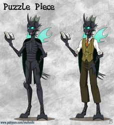 Size: 900x985 | Tagged: safe, artist:inuhoshi-to-darkpen, oc, oc only, oc:puzzle piece, changeling, anthro, the freeport venture, winningverse, book, changeling oc, clothes, fangs, gray background, hand on hip, insectoid, jacket, male, necktie, pants, shirt, simple background, solo