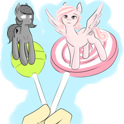 Size: 2000x2000 | Tagged: safe, artist:kira-minami, oc, oc only, earth pony, human, pegasus, pony, candy, female, food, glowing eyes, high res, lollipop, looking at you, mare, offscreen character, pov, spread wings, tiny, tiny ponies, wings