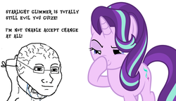 Size: 1600x919 | Tagged: safe, starlight glimmer, pony, unicorn, g4, boop, caption, denial, female, image macro, mare, meme, self-boop, text, the boopening, wojak