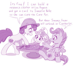 Size: 1280x1106 | Tagged: safe, artist:dstears, apple bloom, scootaloo, sweetie belle, earth pony, pony, g4, atg 2019, board game, cutie mark crusaders, dialogue, female, filly, hard hat, hat, newbie artist training grounds, nurse hat, pandemic, stethoscope