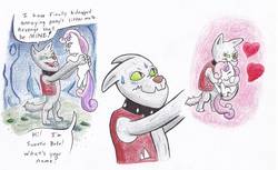 Size: 1144x699 | Tagged: safe, artist:lost marbles, rover, sweetie belle, diamond dog, pony, unicorn, g4, atg 2019, butt, butt touch, comic, female, filly, foal, hand on butt, heart, holding a pony, hug, male, newbie artist training grounds, plot, sweat, traditional art