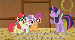 Size: 801x426 | Tagged: safe, edit, edited screencap, screencap, apple bloom, scootaloo, sweetie belle, twilight sparkle, earth pony, pegasus, pony, unicorn, g4, the show stoppers, caption, cutie mark crusaders, female, filly, foal, mare, meme, unicorn twilight, youtube caption