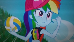 Size: 2560x1440 | Tagged: safe, screencap, rainbow dash, equestria girls, equestria girls specials, g4, my little pony equestria girls: better together, my little pony equestria girls: forgotten friendship, beach, female, geode of super speed, magical geodes, midriff, photo, picture of a screen, solo, sports, volleyball
