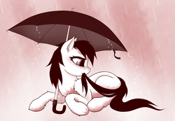Size: 1300x900 | Tagged: safe, artist:rainbow, oc, oc only, pony, biting, cute, fluffy, prone, rain, solo, tail bite, umbrella