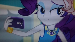 Size: 2560x1440 | Tagged: safe, screencap, rarity, equestria girls, equestria girls series, g4, rollercoaster of friendship, cellphone, geode of shielding, magical geodes, phone, photo, picture of a screen, selfie, smartphone