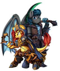 Size: 2550x3009 | Tagged: safe, artist:pridark, oc, oc only, dracony, hybrid, armor, arrow, badass, bipedal, bow (weapon), bow and arrow, commission, couple, female, heroes of the storm, high res, male, mare, midriff, necromancer, simple background, smiling, stallion, transparent background, weapon