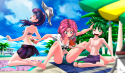 Size: 3528x2078 | Tagged: safe, artist:mauroz, pinkie pie, spike, twilight sparkle, human, g4, armpits, barefoot, beach, breasts, cleavage, clothes, cold, cute, denim shorts, feet, food, full body, hat, high res, human spike, humanized, legs, lineart, male, male feet, open mouth, popsicle, sarong, shirt, shorts, skirt, soles, surprised, swimming trunks, swimsuit, t-shirt, thighs, toes, tongue out, upscaled, watermark, watermelon