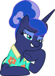 Size: 3618x5000 | Tagged: safe, artist:dashiesparkle, princess luna, alicorn, pony, between dark and dawn, g4, .svg available, absurd resolution, alternate hairstyle, bedroom eyes, clothes, faic, female, hawaiian shirt, mare, shirt, simple background, smiling, transparent background, underhoof, vector