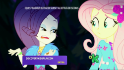 Size: 1280x720 | Tagged: safe, screencap, fluttershy, rarity, equestria girls, equestria girls series, g4, sunset's backstage pass!, spoiler:eqg series (season 2), discovery kids, female, spanish, spanish text