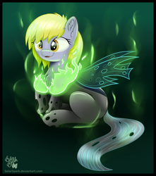 Size: 3187x3610 | Tagged: safe, artist:solarspark, derpy hooves, changeling, pegasus, pony, g4, atg 2019, changelingified, derpling, ear fluff, female, fire, green fire, high res, mare, mid-transformation, newbie artist training grounds, solo, species swap, transformation