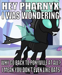 Size: 641x774 | Tagged: safe, edit, edited screencap, editor:undeadponysoldier, screencap, spike, thorax, changeling, dragon, g4, the times they are a changeling, a bug's life, caption, crystal empire, fangs, image macro, implied pharynx, male, misspelling, reference, smiling, text