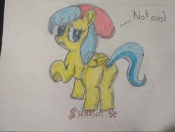 Size: 4160x3120 | Tagged: safe, artist:anonymous, barley barrel, pegasus, pony, g4, rainbow roadtrip, butt, colored pencil drawing, dialogue, female, filly, looking at you, photo, plot, raised hoof, solo, talking to viewer, traditional art