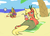 Size: 941x677 | Tagged: safe, artist:jargon scott, oc, oc only, oc:bahama nectar, oc:papaya nectar, earth pony, pony, beach, butt, drink, duo, female, hoof hold, mare, mother and daughter, ocean, oof, palm tree, plot, sports, towel, tree, volleyball