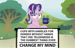 Size: 1024x664 | Tagged: safe, edit, starlight glimmer, pony, g4, change my mind, cup, female, meme, misspelling, solo