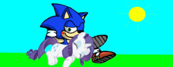Size: 1280x498 | Tagged: safe, rarity, pony, unicorn, g4, 1000 hours in ms paint, blushing, crossed legs, crossover, cute, one eye open, relaxing, sky, sleeping, sonic the hedgehog, sonic the hedgehog (series), sun