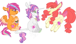 Size: 2000x1176 | Tagged: safe, artist:dashkatortik12222222, apple bloom, scootaloo, sweetie belle, classical unicorn, pony, unicorn, g4, alternate design, bow, cloven hooves, colored wings, colored wingtips, cutie mark crusaders, horn, leonine tail, pale belly, piercing, tail bow, unshorn fetlocks