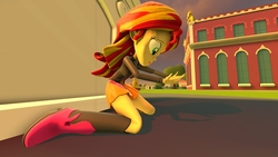 Size: 3840x2160 | Tagged: safe, artist:wissle, sunset shimmer, equestria girls, g4, 3d, atg 2019, canterlot high, female, frown, high res, kneeling, looking down, newbie artist training grounds, open mouth, scared, solo, source filmmaker, statue, surprised