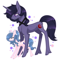 Size: 1811x1801 | Tagged: safe, artist:sugaryicecreammlp, oc, oc only, oc:red moon, oc:sparkdust knight, earth pony, pony, unicorn, bow, female, hair bow, male, mare, size difference, stallion