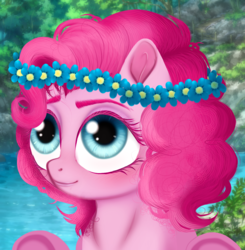 Size: 1196x1219 | Tagged: safe, artist:unoriginai, pinkie pie, earth pony, pony, g4, blurry background, blushing, cute, female, flower, flower in hair, hooves up, looking up, semi-realistic, smiling, solo