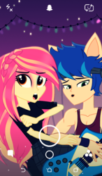 Size: 616x1055 | Tagged: safe, artist:galacticflashd, oc, oc:dylan rapid, oc:styler selvano, human, equestria girls, g4, alternate hairstyle, duo, female, guitar, makeup, male, musical instrument, oc x oc, selfie, shipping, snapchat, straight