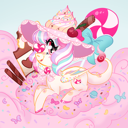 Size: 900x900 | Tagged: safe, artist:rednineuwu, oc, oc:magic sprinkles, bat wings, bow, bowtie, candy, cherry, chocolate, cookie, cotton candy, eyepatch, food, lollipop, sprinkles, wings