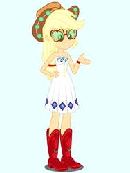 Size: 1536x2048 | Tagged: safe, artist:draymanor57, derpibooru exclusive, applejack, rarity, human, equestria girls, g4, bare shoulders, boots, clothes, clothing transformation, dress, glasses, hand on hip, hat, inanimate tf, shoes, sleeveless, strapless, transformation