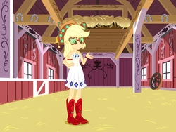 Size: 2048x1536 | Tagged: safe, alternate version, artist:draymanor57, derpibooru exclusive, applejack, rarity, human, equestria girls, g4, bare shoulders, barn, boots, clothes, clothing transformation, dress, glasses, hat, inanimate tf, shoes, sleeveless, strapless, transformation