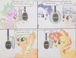 Size: 2792x2135 | Tagged: safe, artist:don2602, applejack, cozy glow, rarity, spike, sunset shimmer, dragon, earth pony, pegasus, pony, unicorn, comic:g4 we are the world, g4, end of ponies, eyes closed, high res, looking up, microphone, recording, song reference, traditional art, we are the world, winged spike, wings