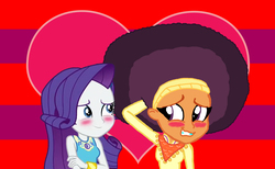 Size: 2500x1544 | Tagged: safe, artist:ktd1993, rarity, saffron masala, equestria girls, g4, my little pony equestria girls: better together, afro, blushing, female, geode of shielding, lesbian, magical geodes, raffron, shipping